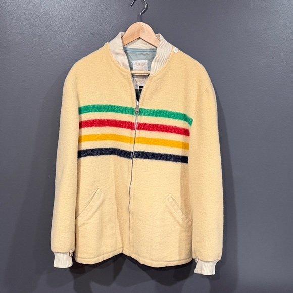Hudson Bay Blanket Bomber Vintage Cream Jacket with Multicolor Stripes Large